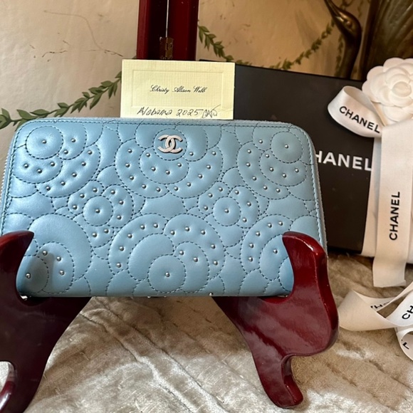 💥 CHANEL SALE 💥Long Wallet, Camilla Embossed Lambskin w/Stud Accents, Sky Blue - Picture 1 of 11